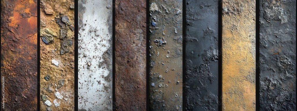 Poster textured surfaces of weathered metal panels showcasing rust, corrosion, and unique patterns for desi
