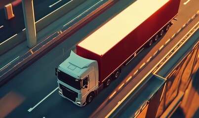 White truck transporting cargo on highway during sunset with vibrant lighting