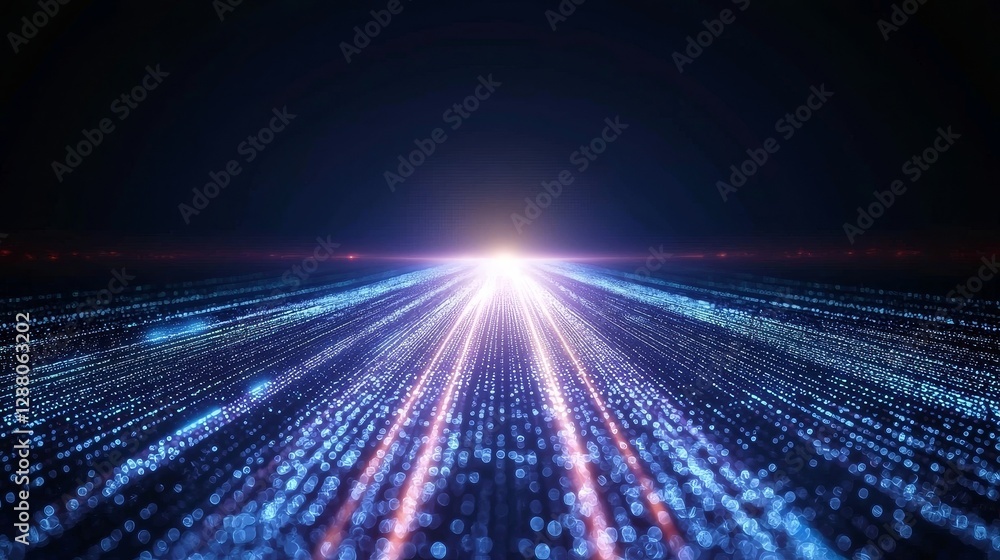 Poster a complex maze pattern with colorful glowing light squares is set against a dark blue background in 