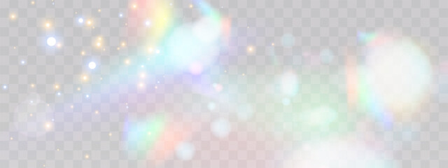 Blurred rainbow refraction overlay effect. Light lens prism effect on transparent background. Holographic reflection, crystal flare leak shadow overlay. Vector abstract illustration.  