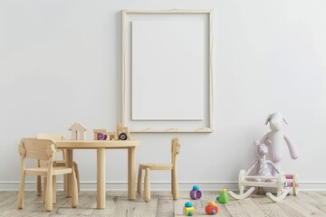 A white wall with a large wooden frame. a wooden table and chairs. a rocking horse. and toys scattered on the floor