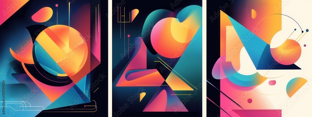 Poster vibrant abstract geometric shapes in vivid colors with dynamic forms and modern aesthetic elements