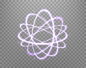 Atom particle, light effect glowing purple magic rings. Neon realistic energy swirl. Abstract light effect on a transparent background. Vector illustration.