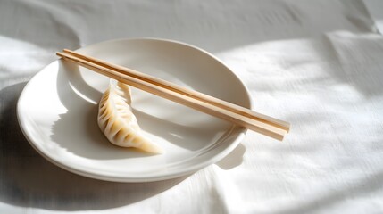 Elegant dining setup, minimalistic dish with dumpling and chopsticks, soft lighting enhances culinary experience, clean aesthetic.