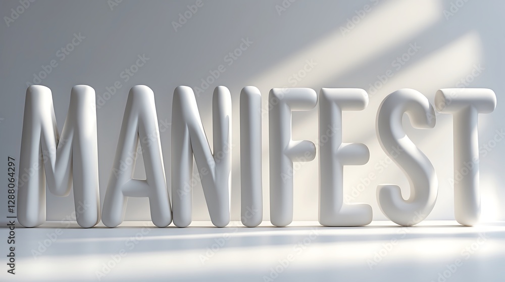 Aufkleber white typography spelling manifest with soft lighting and shadows in a minimal space
