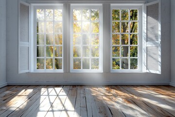 Fototapeta premium Empty room with sun streaming through window, light patterns on wooden floor.