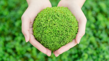 Earth day environmental concept. Hands holding a green moss ball, symbolizing nature and environmental consciousness.