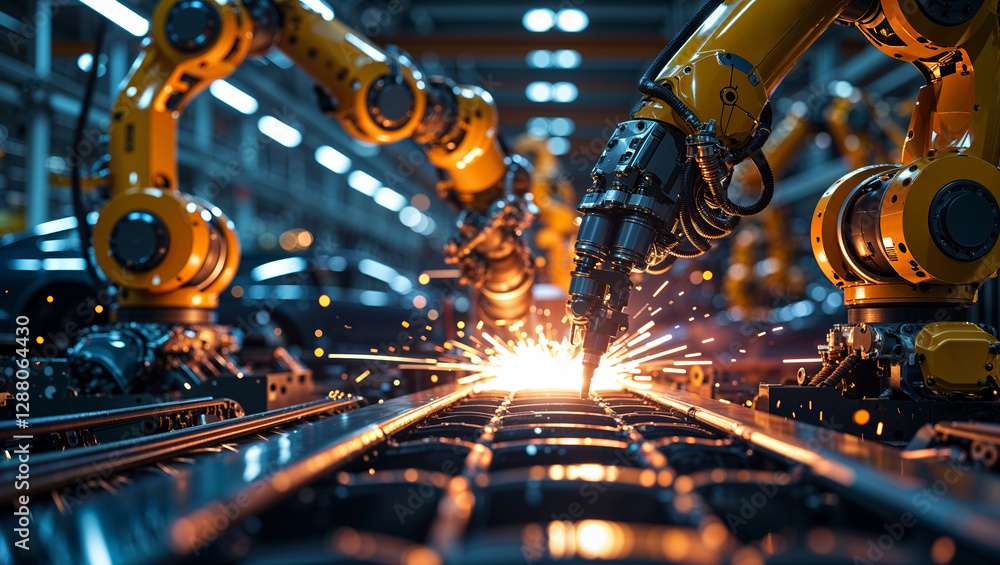Poster industrial robots perform precise welding tasks on a production line during evening operations in a 