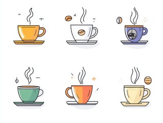Obraz premium Six Pixel Art Coffee Cups Illustration Set Colorful Mugs with Steam and Beans