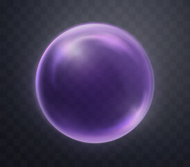 Purple magic fantasy sphere. Crystal ball with, energy orb with glow flare light effect. Isolated on transparent background. Vector illustration.