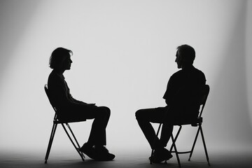 Silhouetted figures sit opposite each other, engaged in a serious conversation or interview.