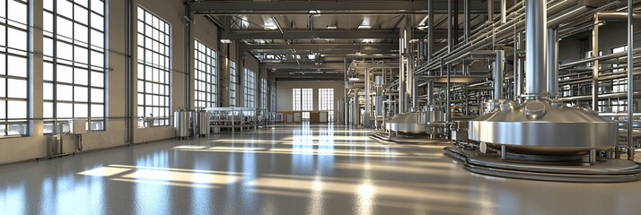 Modern brewery interior, sunlight, stainless steel equipment