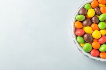 Brightly colored candies fill bowl, creating cheerful and inviti