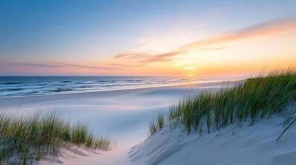 Papier peint photo Le salon Earth day environmental idea. Serene beach landscape at sunset with gentle waves and lush green grass in the foreground.  © Thamonchanok