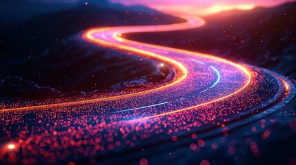 Winding road, sunset, mountains, light trails, journey