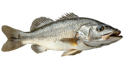 Fototapeta premium A whole barramundi fish with a highly textured, scaly surface isolated on white background. Suitable for marketing or business purposes. PNG file