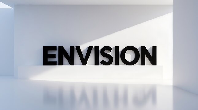 Bold typography sign representing the word envision in a minimalistic space