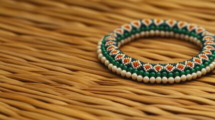 Fototapeta premium Colorful bangle showcasing intricate beadwork on textured backgr