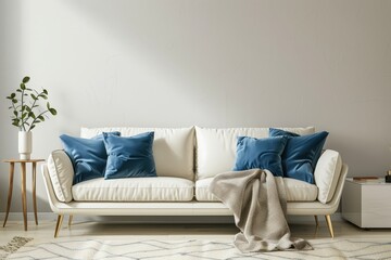 Minimalist living room with a white sofa. blue pillows. a beige throw blanket. and a side table with a vase of greenery
