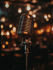 Vintage microphone stands ready for performance at night