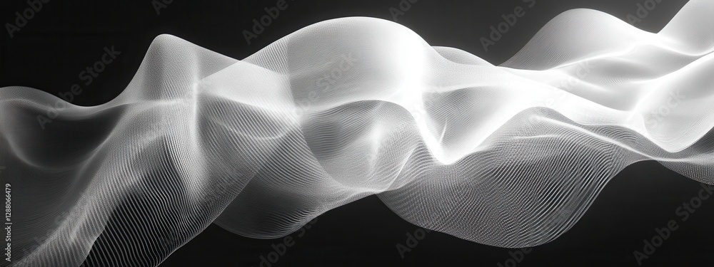 Poster ethereal waves of light creating fluid motion in a minimalist black and white background