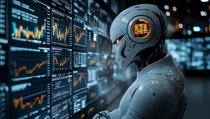 Futuristic Robot Analyzing Financial Data