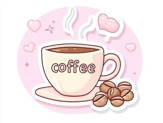 Steaming Coffee Cup Pixel Art Illustration with Hearts and Beans