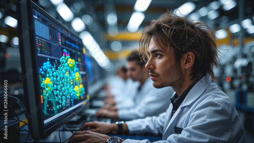 Poster young scientist analyzes complex data on a computer screen in a modern laboratory environment