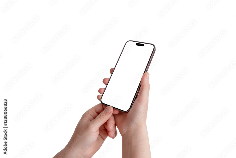 Poster Close-up of hands holding a smartphone with an isolated screen and background. Angled view from the right, perfect for app mockups or digital design.