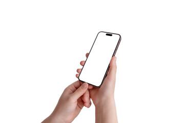 Close-up of hands holding a smartphone with an isolated screen and background. Angled view from the right, perfect for app mockups or digital design.