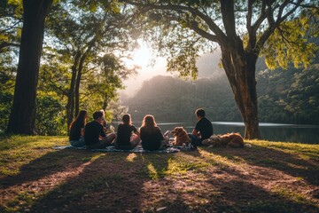 Friends having a relaxing afternoon picnic by the lake in a scenic forest during sunset