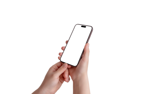 Close-up of hands holding a smartphone with an isolated screen and background. Angled view from the right, perfect for app mockups or digital design.