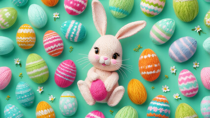 A knitted toy Easter bunny holding egg, surrounded by colorful knitted Easter eggs on a turquoise background