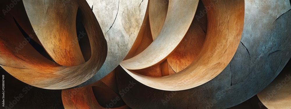 Poster abstract composition of curved forms and textured surfaces in warm earthy tones with subtle highligh