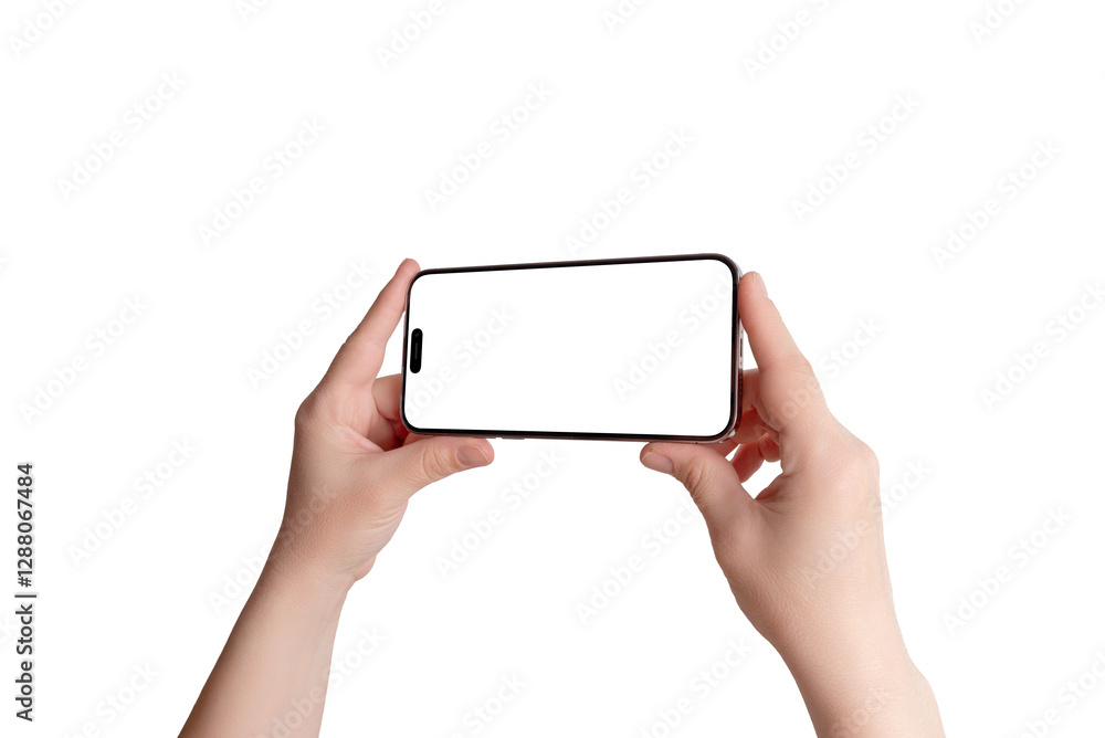 Poster Hand holds a smartphone in a horizontal position with an unobstructed screen. Isolated display and background, ideal for landscape app mockup.