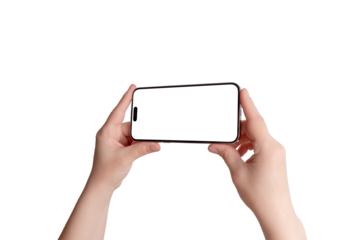 Hand holds a smartphone in a horizontal position with an unobstructed screen. Isolated display and background, ideal for landscape app mockup.