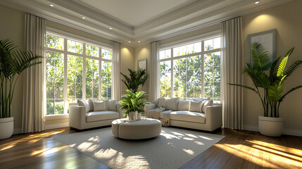 Fototapeta premium Sunny living room with large windows, plants, and couches. Home interior design