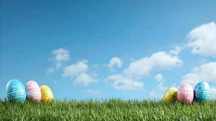 Fototapeta premium Pastel Easter Eggs on Grassy Field Under Blue Sky