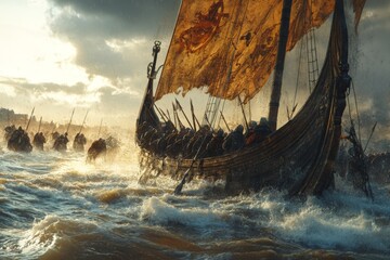 Viking longship battles fierce waves during a dramatic dawn raid on a coastal settlement