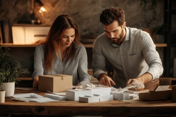 A couple carefully prepares and packs orders for their online business, ensuring each item is neatly arranged and ready for shipment.
