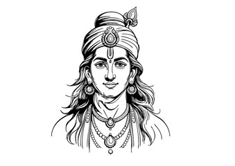 "Black and white illustration of a Hindu deity or prince with traditional jewelry and a peaceful expression."