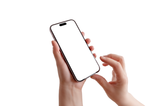 Hand holds a smartphone while the right hand gently touches the screen. Slight left-side angle, perfect for app mockup and digital interface.