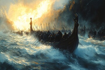 Majestic Viking ships navigate stormy seas under a burning sky while warriors prepare for battle at twilight
