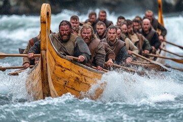 Viking warriors navigating through turbulent waters in a longship during a historic expedition