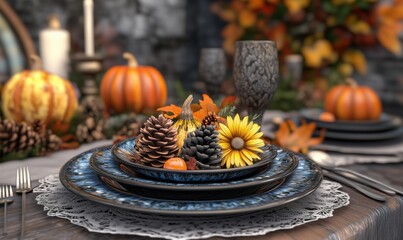 Autumn table setting with decorative plates, pinecones, flowers, and pumpkins