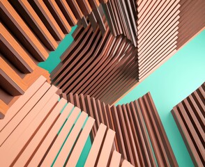 3D wood maze in chocolate and peach colors with teal accents, captured from a low angle.