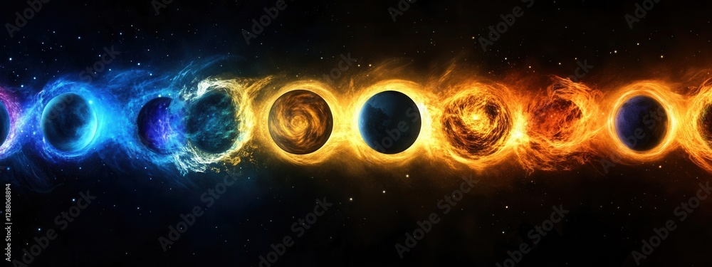 Aufkleber abstract representation of colorful planets with cosmic swirls and light trails in a starry backgrou
