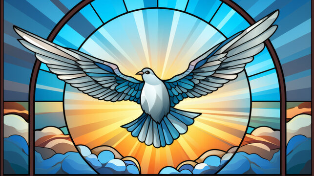 stained glass window depicts dove soaring against radiant sunrise, symbolizing peace and hope. vibrant colors and intricate design create sense of serenity and inspiration