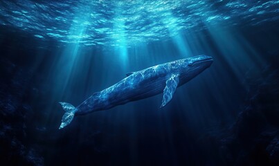Fototapeta premium Majestic blue whale swimming gracefully in deep ocean waters with sunlight rays