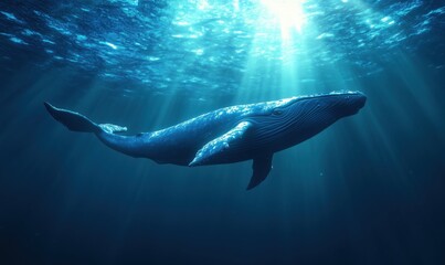 Obraz premium Majestic humpback whale swimming gracefully in sunlit ocean depths